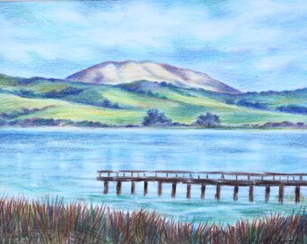 Tomales Bay,8X10,Original drawing,Elephant mountain,Drawings on paper,Point Reyes,California art,Seascapes,California beaches,Folk art