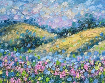 California Art,Palette knife paintings,Impasto paintings,Landscapes,California Hills,Half Moon Bay,Charming art,Square art,Flower art,Floral