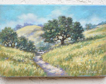 Oak trees, 8X12, Original art, Livermore Del Valle, Pleasanton ridge, California hills, California oak trees, Folk art, California Art