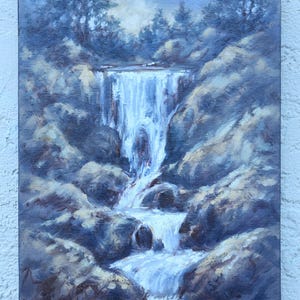 Original Waterfall Oil Painting: Moody Moonlight Landscape (12x9)
