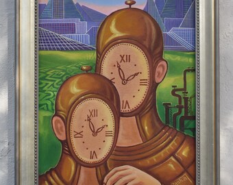 Clock People Oil Painting: Vintage Surrealist Art (18x14)