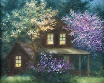 印象派の油絵「花咲く木々」：カリフォルニアの田園地帯、赤い納屋