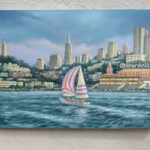 Girardelli, Skyline di San Francisco, Torre Coit, Arte californiana, Paesaggio californiano, Barche, Dipinti californiani, Paesaggi marini, Arte affascinante, Arte popolare