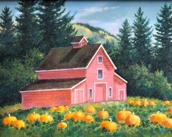 Red barn,8X10, Pumpkins, La Honda Road, Barns, California art, California hills, Pescadero, Whimsical art, Folk art, Redwoods, Country life
