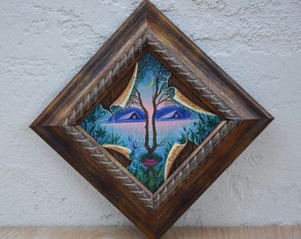 Dreamscape Miniature Oil Painting: Vintage Framed Folk Art (4x4)