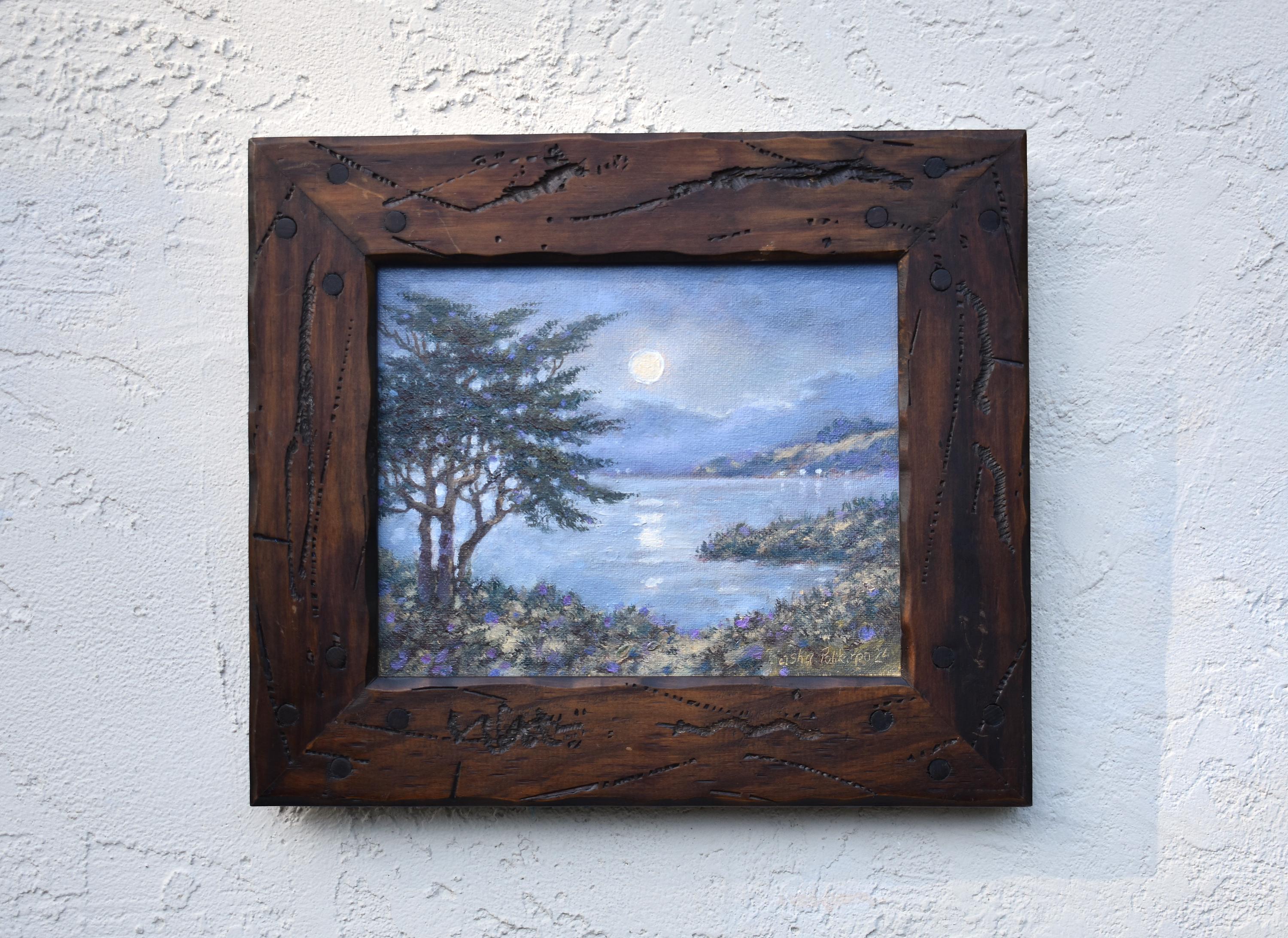 Original Moonlight Oil Painting: Tomales Bay Landscape with Vintage Frame