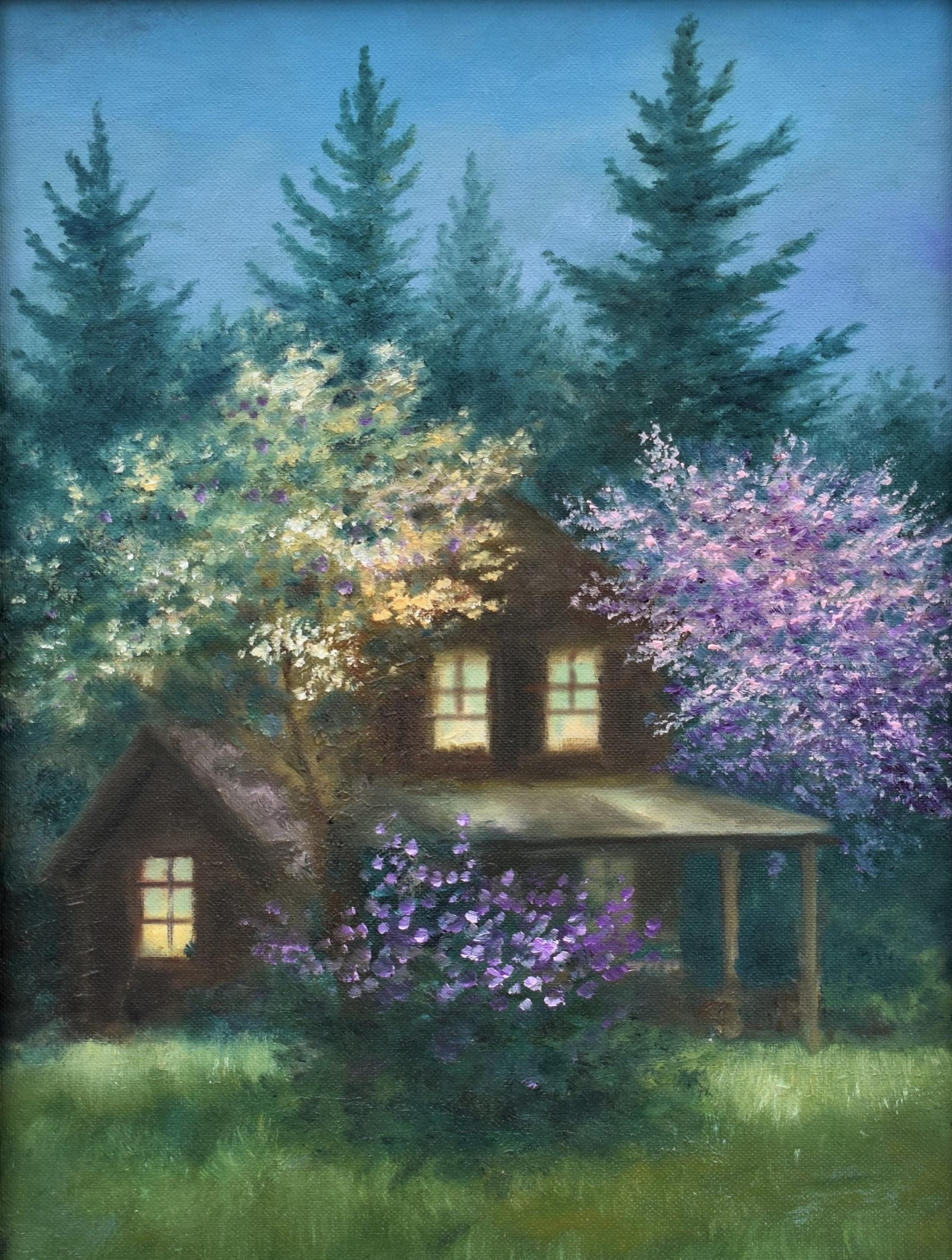 印象派風 油彩画 花と建物 印象派の油絵「花咲く木々」：カリフォルニアの田園地帯、赤い納屋