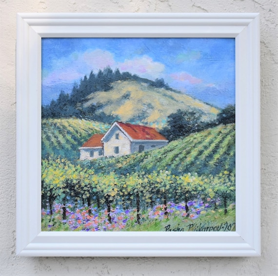 咲き誇る木々の油絵：カリフォルニア印象派アート（16x12） - Etsy 日本
