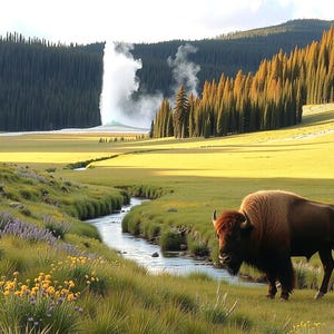 May include: A majestic bison stands in a lush green meadow with a flowing stream. The scene includes a geyser erupting in the distance, surrounded by tall evergreen trees and a field of yellow wildflowers.