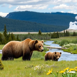 May include: A scenic landscape featuring two brown bears in a grassy meadow. A larger bear stands near a smaller bear, with a river and forest in the background. The sky is blue with clouds, and yellow wildflowers are in the foreground.