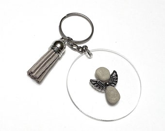 Pebble Art Angel Keychain with Tassel • gray • handmade • original design • one of a kind • ready to ship