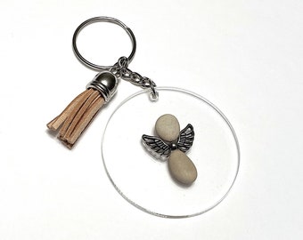 Pebble Art Angel Keychain with Tassel • brown • handmade • original design • one of a kind • ready to ship