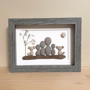 Pebble Art Family of Four with Two Dogs • 5x7 • framed handmade artwork • one of a kind • ready to ship