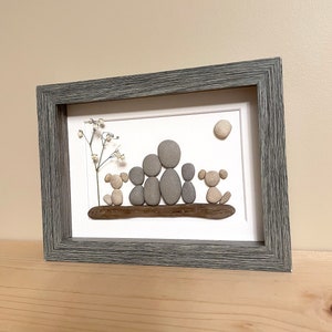 Pebble Art Family of Four with Two Dogs 5x7 framed handmade artwork one of a kind ready to ship image 3