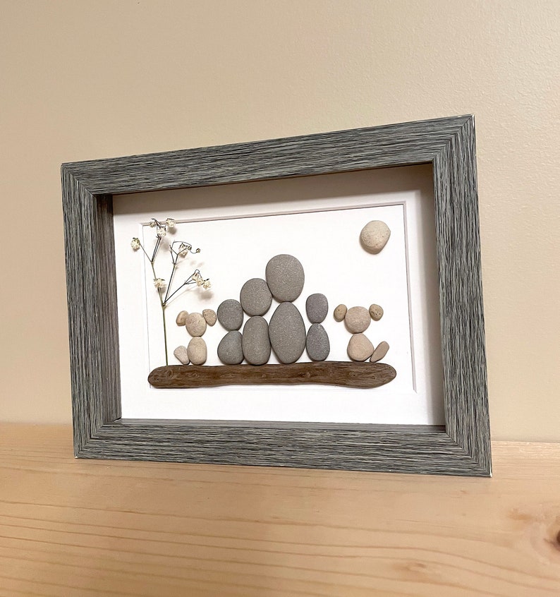 Pebble Art Family of Four with Two Dogs 5x7 framed handmade artwork one of a kind ready to ship image 3