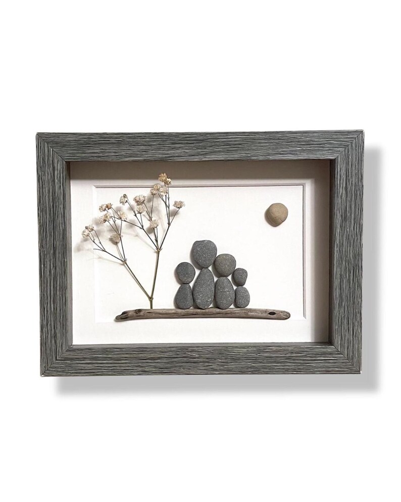 Pebble Art Family of Four: Lake Huron Handmade Framed Artwork (5x7)