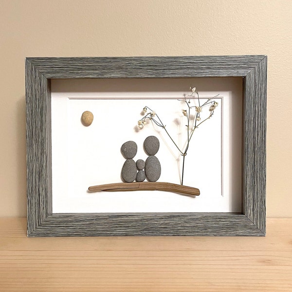 Family of Three Pebble Art • 5x7 • handmade framed artwork • one of a kind • ready to ship