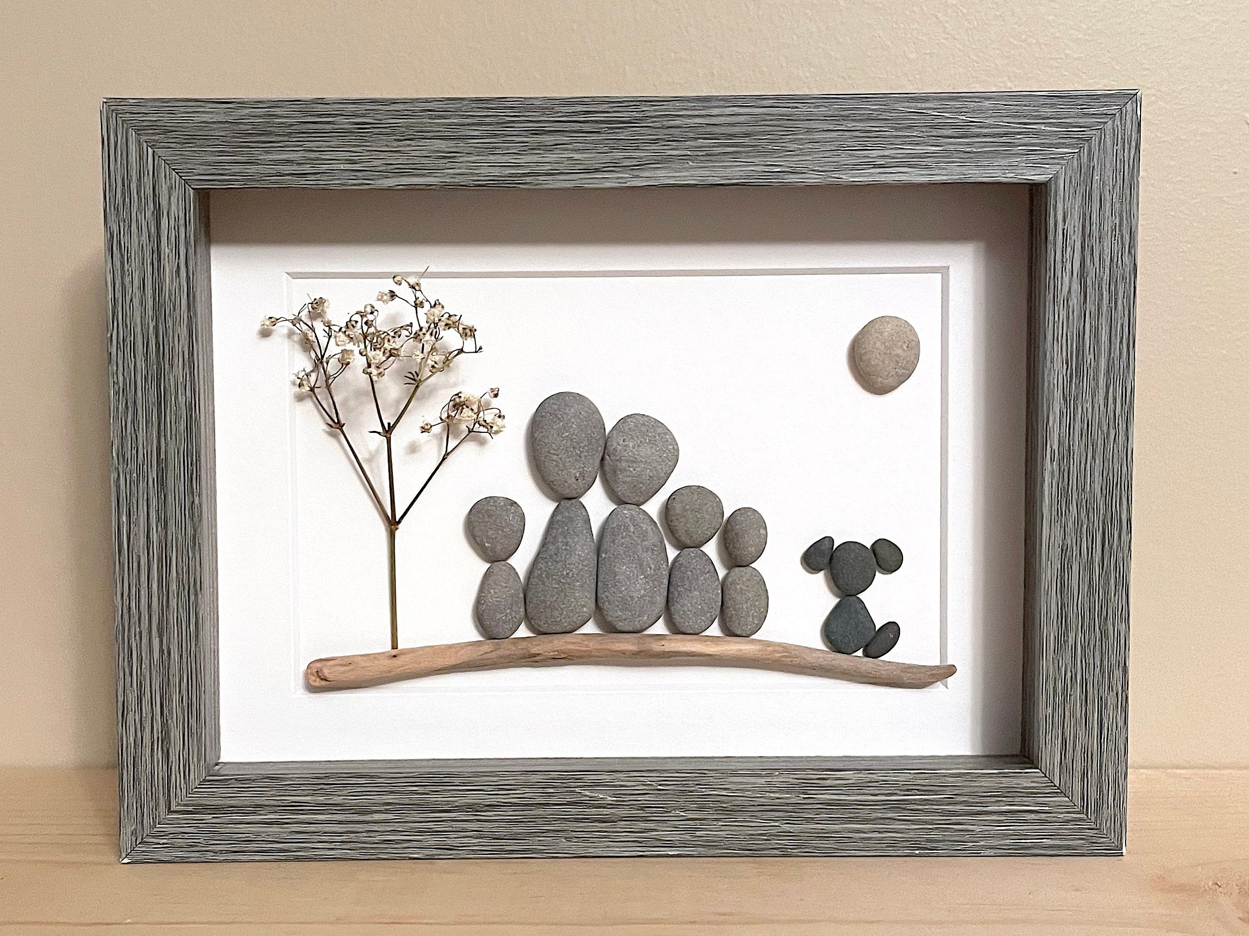 Pebble Art Family of Five with Dog: Handmade Framed Artwork
