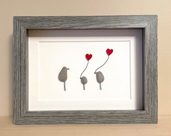 Pebble Art Birds - Mama / Papa Bird and Two Baby Birds - unique Mother's Day, Father's Day, or gift for Single Parent with Two Kids!