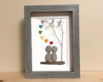 Pebble Art Couple • 5x7 • handmade framed artwork • one of a kind gift • ready to ship