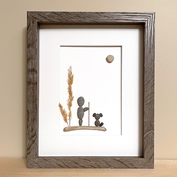 Pebble Art Hiking with Dog • 8x10 • handmade framed artwork • one of a kind • ready to ship