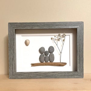 Family of Three Pebble Art • 5x7 • handmade framed artwork • one of a kind • ready to ship