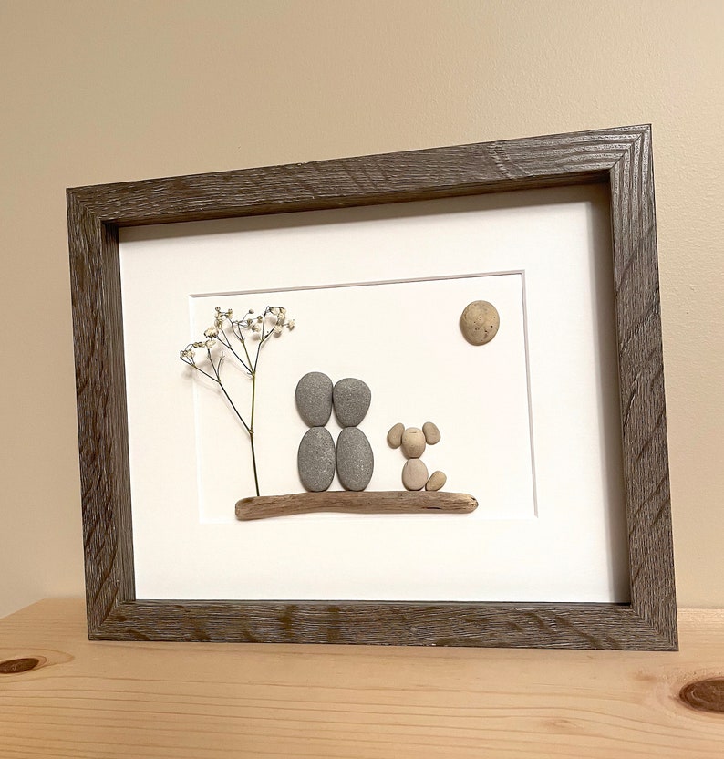 Pebble Art Couple and Dog 8x10 handmade framed artwork one of a kind, thoughtful gift or unique home decor just for you image 4