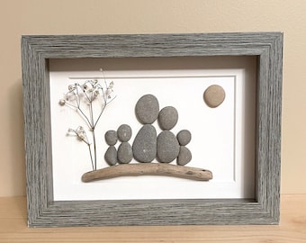 Pebble Art Family of Five • 5x7 • handmade framed artwork • one of a kind gift • ready to ship