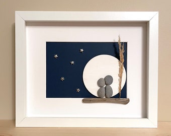 Pebble Art Couple Starry Night • 8x10 • handmade framed artwork • one of a kind • ready to ship