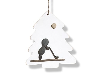 Pebble Art Golfer Ornament • Lake Huron Beach Stone, Driftwood, Twine (4x5")
