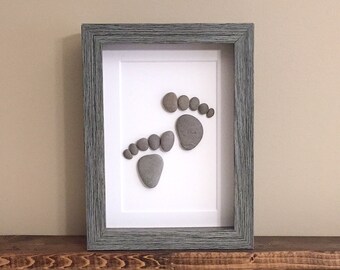 Pebble Art Footprints  • 5x7 • handmade framed artwork • one of a kind gift • ready to ship