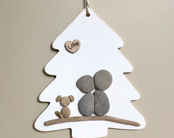 Pebble Art Couple and Dog Ornament • 5x4 • handmade • one of a kind • ready to ship