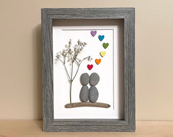 Pebble Art Couple • 5x7 • handmade framed artwork • one of a kind gift • ready to ship