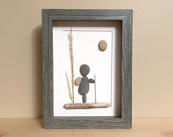 Pebble Art Hiker • 5x7 • handmade framed artwork • one of a kind • ready to ship