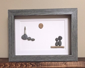 Pebble Art Couple and Lighthouse • 5x7 • handmade framed artwork • one of a kind gift • ready to ship