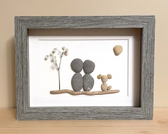 Pebble Art Couple with Dog • 5x7 • handmade framed artwork • one of a kind • ready to ship