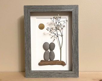 Pebble Art Anniversary Couple • 5x7 • framed • unique 50th anniversary - gold, or 21st anniversary - brass