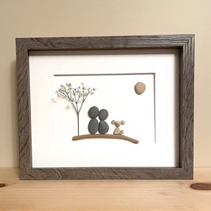 Pebble Art Couple and Dog • 8x10 • handmade framed artwork • one of a kind, thoughtful gift or unique home decor just for you!