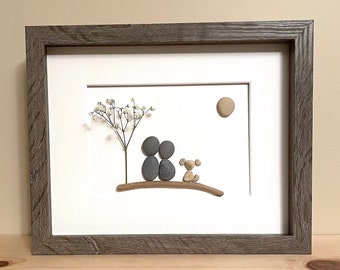 Pebble Art Couple and Dog • 8x10 • handmade framed artwork • one of a kind, thoughtful gift or unique home decor just for you!