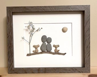 Pebble Art Couple with Two Dogs • 8x10 • framed • unique anniversary, wedding, retirement, housewarming, bridal shower, or engagement gift!