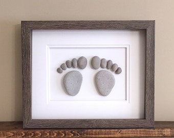 Pebble Art Footprints • 8x10 • handmade framed artwork • one of a kind • ready to ship