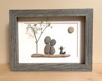 Pebble Art Couple with Cat • 5x7 • handmade framed artwork • one of a kind gift • ready to ship