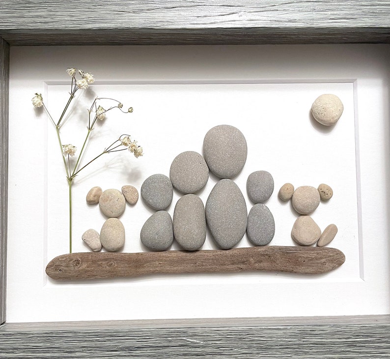 Pebble Art Family of Four with Two Dogs 5x7 framed handmade artwork one of a kind ready to ship image 4