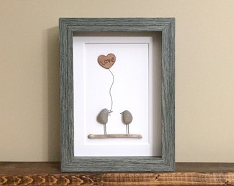 Pebble Art Love Birds • 5x7 • framed handmade artwork • one of a kind • ready to ship • engagement gift, wedding gift, anniversary gift