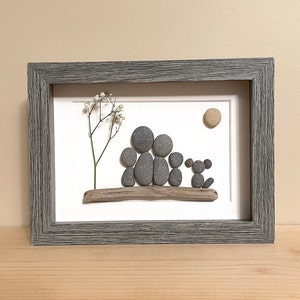 Pebble Art Family of Four with Dog • 5x7 • handmade framed artwork • one of a kind • ready to ship