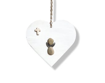 Pebble Art Angel Ornament • Hand-Painted Wood Heart, Beach Stone, Metal Wings