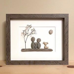 Pebble Art Family of Three with Dog • 8x10 • handmade framed artwork • one of a kind baby, anniversary, housewarming, or retirement gift!