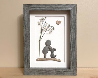 Pebble Art Person with Dog • 5x7 • handmade framed artwork • one of a kind gift • ready to ship
