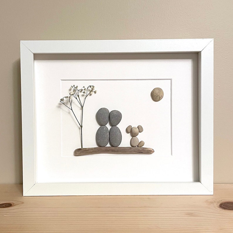 Pebble Art Couple and Dog 8x10 handmade framed artwork one of a kind, thoughtful gift or unique home decor just for you Matte White