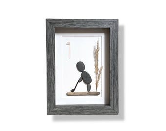Pebble Art Golfer: Handmade Framed Golf Gift (5x7)
